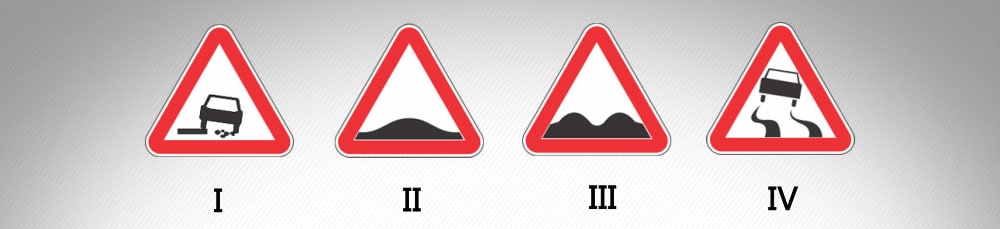 მოცემული საგზაო ნიშნებიდან რომელი აღნიშნავს გზის მონაკვეთს, რომლის სავალი ნაწილი დაზიანებულია?