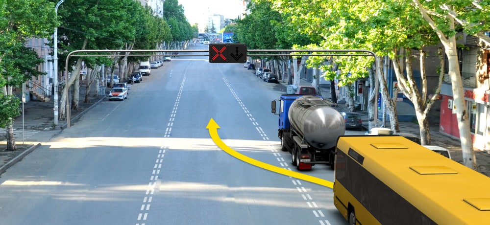 დაარღვევს თუ არა საგზაო მოძრაობის წესებს ავტობუსის მძღოლი ისრის მიმართულებით მოძრაობის შემთხვევაში?